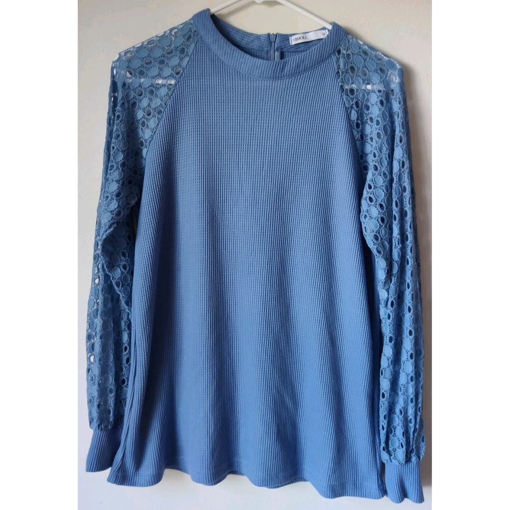 NWT Miholl Women's Blue Long Sleeve Thermal Lace Sleeve Top Size M‎ Back Zip